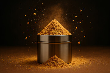 Golden brown spice explosion in glass jar on dark background showcasing culinary flavor texture food concept in high detail and warm lighting for stock photography, unique design Pro.