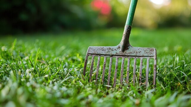 A green and red garden rake with a green handle and metal teeth, lying on a lush green lawn with a blurred background of trees and foliage.