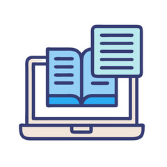 Laptop with book and document icon illustrating online education
