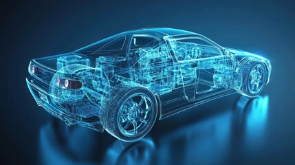 Naklejka premium A futuristic, transparent car with glowing blue lights, viewed from the side, against a dark blue background.