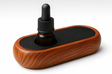 High-quality dropper bottle with black cap in a smooth wooden base on beige background, ideal for skincare product design, branding, packaging, and natural wellness themes, unique design Pro.