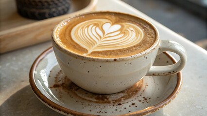 specialty latte art artisan concept A latte with intricate heart-shaped foam art in a rustic cup on a saucer.