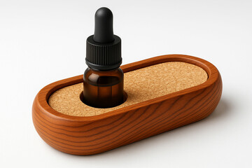 High-quality dropper bottle with black cap in a smooth wooden base on beige background, ideal for skincare product design, branding, packaging, and natural wellness themes, unique design Pro.