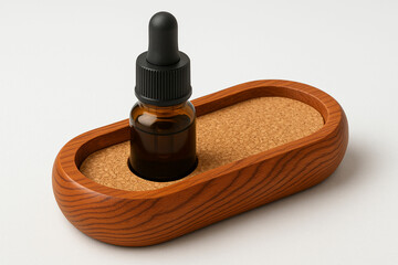 High-quality dropper bottle with black cap in a smooth wooden base on beige background, ideal for skincare product design, branding, packaging, and natural wellness themes, unique design Pro.