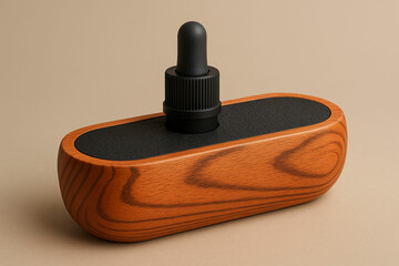 High-quality dropper bottle with black cap in a smooth wooden base on beige background, ideal for skincare product design, branding, packaging, and natural wellness themes, unique design Pro.
