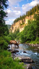 A majestic moose wades through a shimmering river, its reflection mirrored in the water, surrounded by lush green trees and a serene natural landscape.