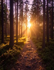Fototapeta premium A winding dirt path meanders through a lush green forest, flanked by tall trees, leading to a bright, sunlit clearing filled with wildflowers.