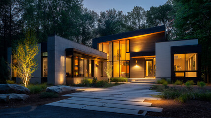 Modern home at dusk with warm interior lights, minimalist design. Cozy contemporary living in harmony with twilight.