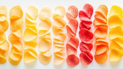 Colorful Potato Chips Arrangement on White Surface for Snack Lovers