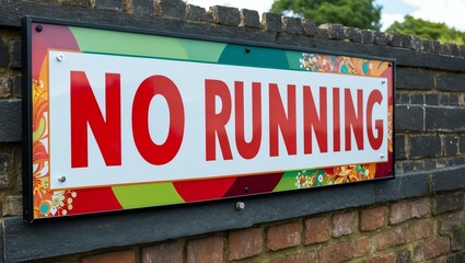 Phrase No Running is displayed on an attractive signage board with clear text and beautiful background designs