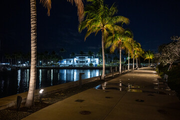 City Hall building of City of Miami, Florida in Coconut Grove illuminated in deep morning twilight...