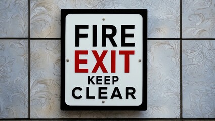Phrase Fire Exit Keep Clear is displayed on an attractive signage board with clear text and beautiful background designs