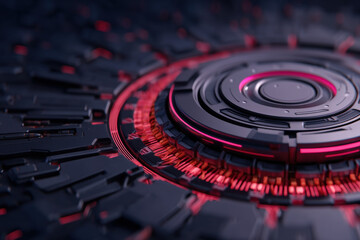 Quantum programming concept with futuristic circuit board and glowing red elements, abstract technology background, innovation and energy