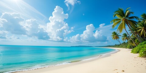 Fototapeta premium Scenic Tropical Beach with White Sand, Palm Trees, and Crystal-Clear Turquoise Water