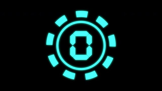5 second countdown neon animation with teal glowing number and circles show on black background. 4k video