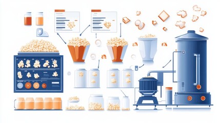 Popcorn Production Process Illustration with Equipment and Ingredients