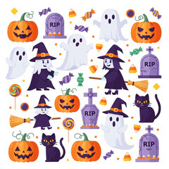 Fototapeta premium Infinite marble arcade, glowing rune circles on the floor, cute witch cat stirring a levitating cauldron, raging storm clouds with branching lightning veins overhead Flat cute Halloween collage 