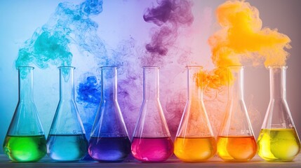 A colorful array of beakers with vibrant colors and steam rising from them, set against a gradient background.