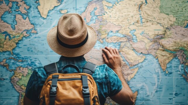 A man wearing a hat and backpack standing in front of a large world map, pointing to a specific location.