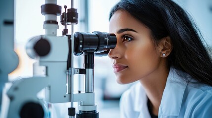 A young woman in a lab coat looking through a microscope in a laboratory setting.