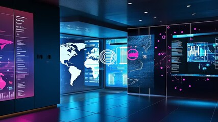 Futuristic technology room with interactive displays showcasing global data analytics and visuals - Powered by Adobe