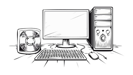 Computer Monitor Keyboard Mouse CPU Desktop Sketch Illustration - Work Office Things
