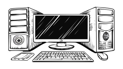 Computer Monitor Keyboard Mouse CPU Desktop Sketch Illustration - Work Office Things
