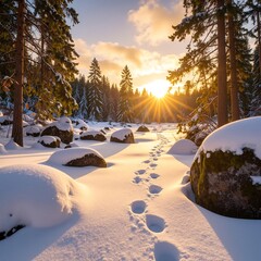 A serene snowy path winds through a tranquil forest, dotted with fresh footprints leading deeper into the woods, surrounded by tall, snow-laden trees.