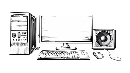 Computer Monitor Keyboard Mouse CPU Desktop Sketch Illustration - Work Office Things
