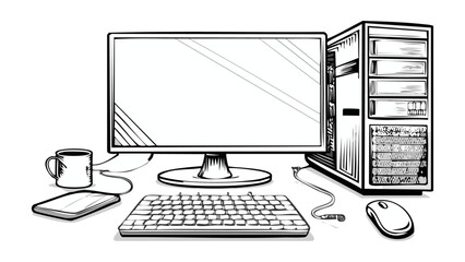 Computer Monitor Keyboard Mouse CPU Desktop Sketch Illustration - Work Office Things
