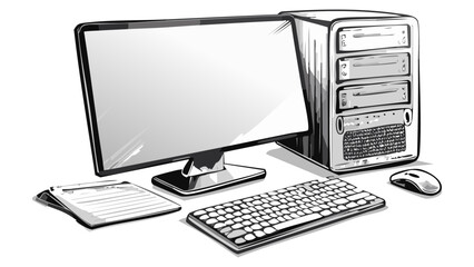 Computer Monitor Keyboard Mouse CPU Desktop Sketch Illustration - Work Office Things
