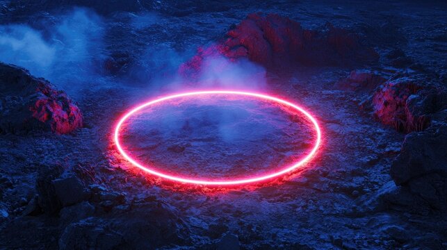Neon ring encircles volcanic landscape at night.