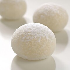 Delicate japanese mochi dessert covered in powdery sugar close-up, on a bright background