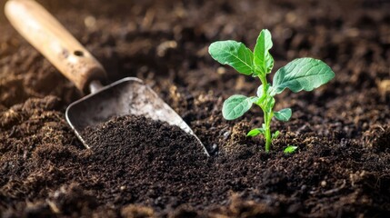 A small green plant with a wooden handle, growing in a dark soil with a shovel in the foreground.