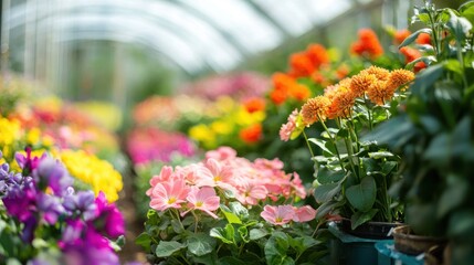 A vibrant flower arrangement in a greenhouse with a glass roof, featuring a variety of colorful flowers including orange, pink, and yellow blooms.