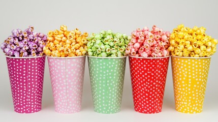Colorful Popcorn Cups Filled with Different Flavors on a Gray Background