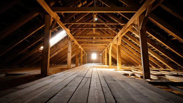 Spacious wooden attic with exposed beams, natural sunlight streaming through windows, empty rustic loft space, warm and inviting atmosphere, vintage architecture, ideal for residential house interior