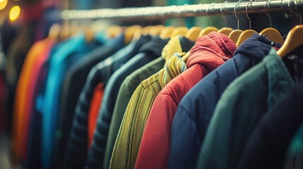 A colorful rack of clothing, including jackets and sweaters, hanging on a metal rack in a retail store.