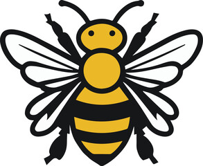 A cute, happy cartoon bee with black and yellow stripes, wings, and a smile flies on a white background, a sweet insect vector illustration