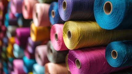 A colorful array of spools of thread, each spool with a different color, stacked on top of each other in a vertical arrangement.