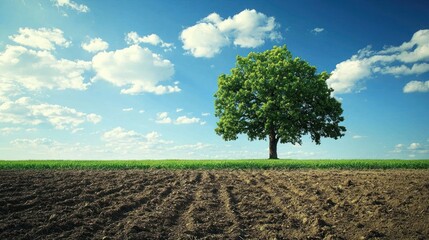 A lone tree stands tall against a clear blue sky with fluffy white clouds, casting a shadow on a lush green field below.