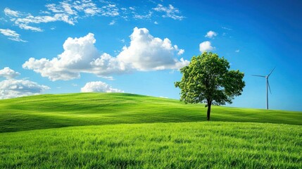 A serene green meadow with a lone tree and a wind turbine in the distance, under a clear blue sky with fluffy white clouds.