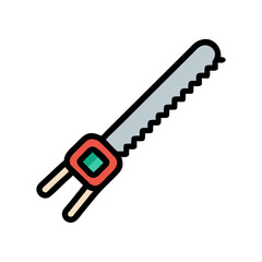 Cartoon illustration of a drywall saw against black background