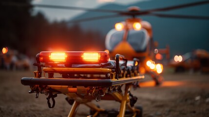 Detailed view of rescue stretcher with flashing ambulance lights and spinning helicopter rotors in soft focus, life-saving urgency and field trauma setting