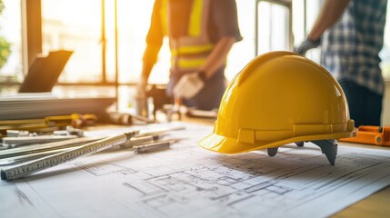 Two construction workers in hard hats and safety vests, standing in a bright, sunny office with a wooden desk and a blueprint spread out in front of them.