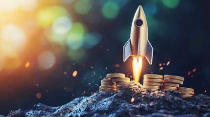 A golden rocket ship with a blue and white stripe on its side, flying over a pile of gold coins on a rocky surface with a blurred green and blue background.