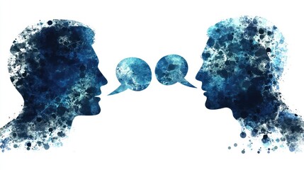 Two human heads with speech bubbles, facing each other, against a blue and white abstract background.
