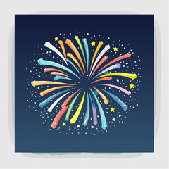 Colorful illustration of a celebratory fireworks display with stars against a dark blue background