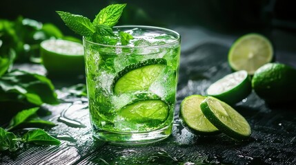 A refreshing green drink with ice and lime slices in a clear glass, garnished with mint leaves, on a dark wooden table with a blurred background of greenery.