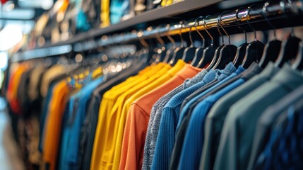 A colorful display of clothing items hanging on racks in a retail store.